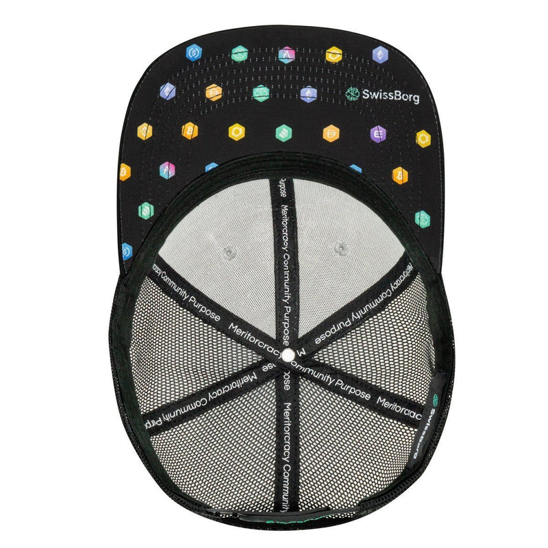 SwissBorg Grey Snapback Cap underneath with crypto logo : Ethereum + AAVE + Bitcoin + Binance coin + Compound + Enjin + USDC